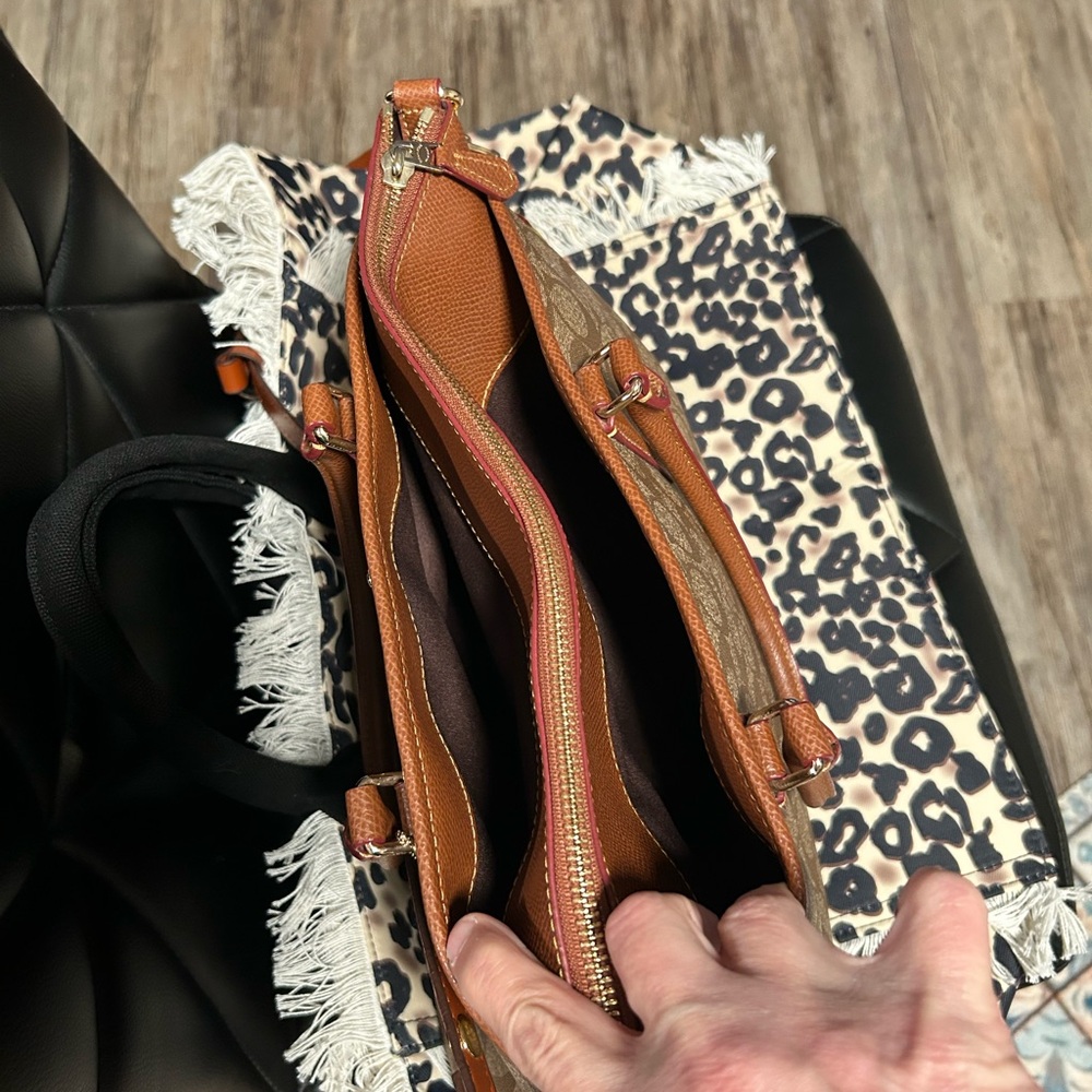 Coach❤️Signature Morgan in Khaki & Saddle Color Canvas & Leather Satchel - Picture 5 of 13